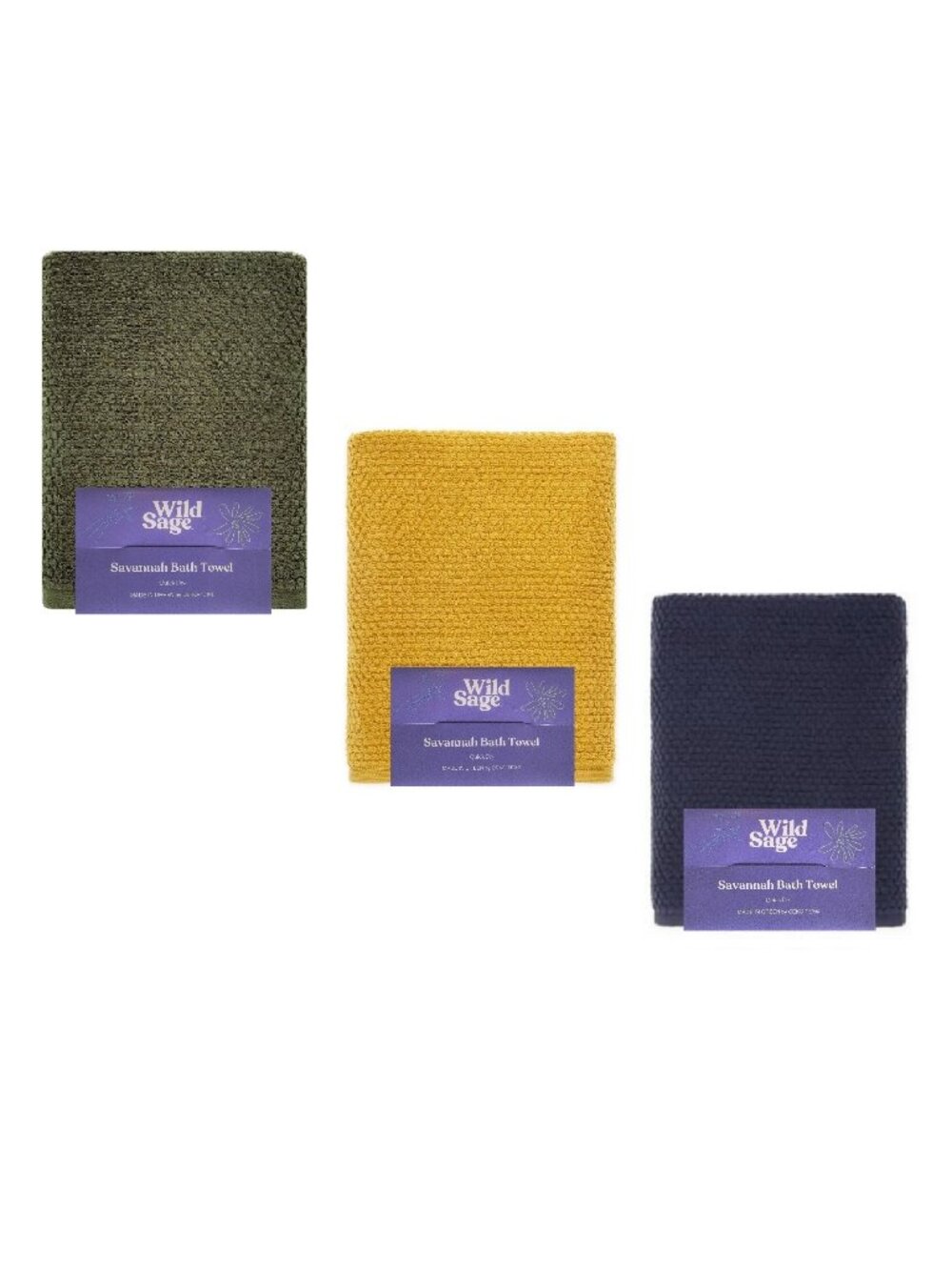 3 Wild Sage Savannah QuickDry Bath Towels =DARK GREEN + YOLK YELLOW + BIJOU BLUE